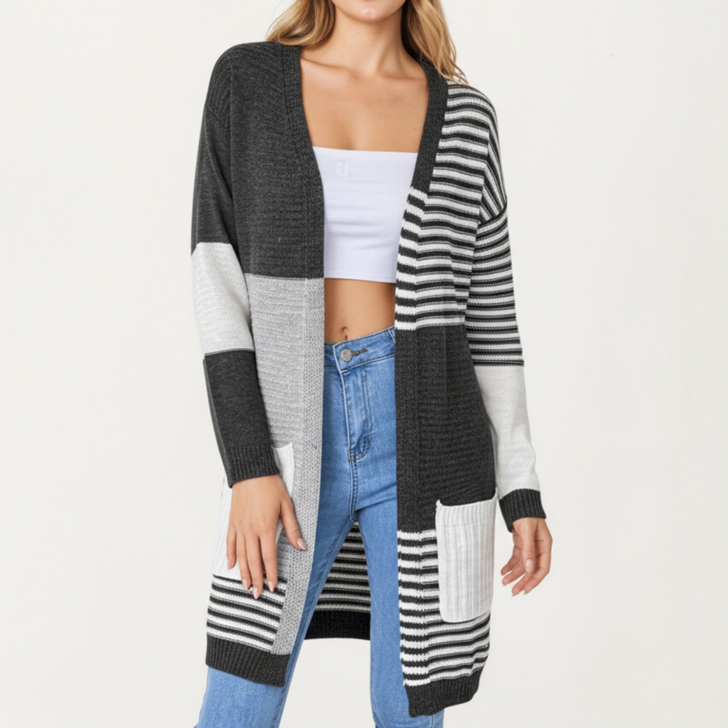 Long Sleeve Color Block Striped Knit Cardigan with Front Pockets