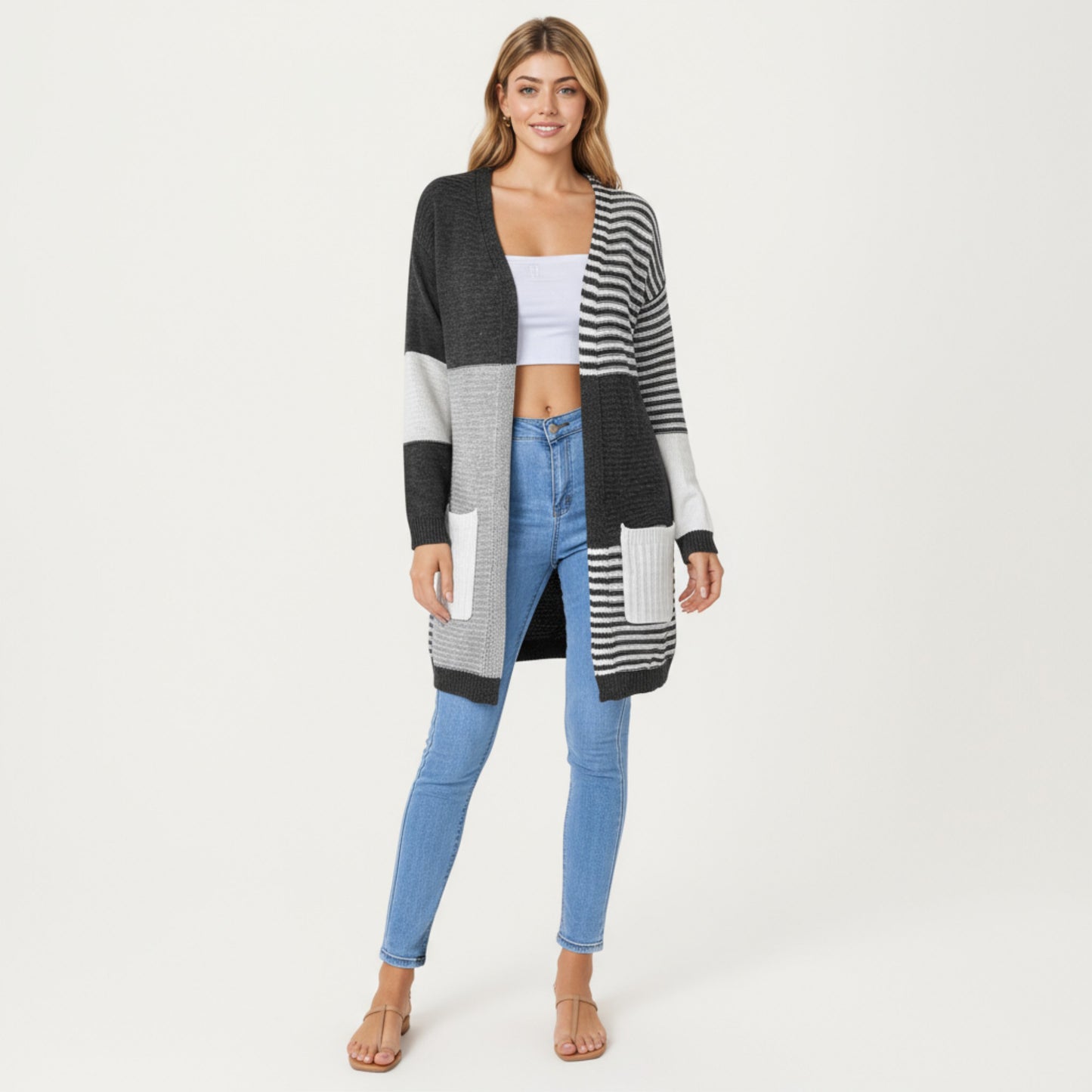 Long Sleeve Color Block Striped Knit Cardigan with Front Pockets
