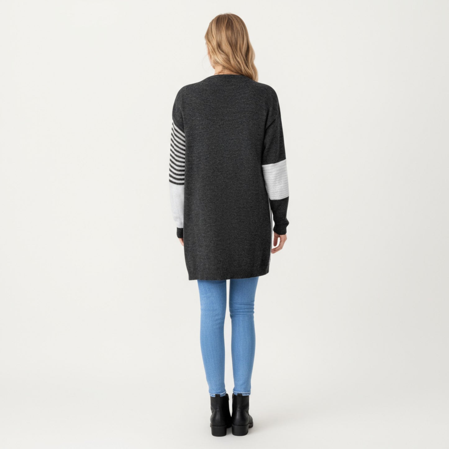 Long Sleeve Color Block Striped Knit Cardigan with Front Pockets