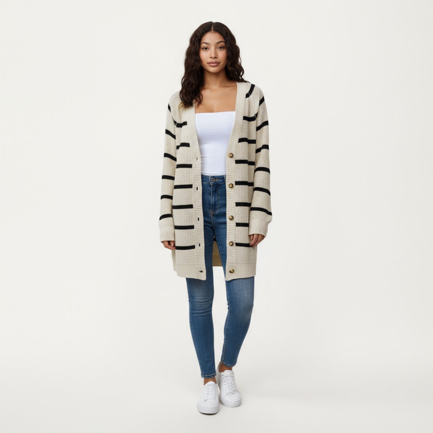 Long Sleeve Striped Knit Cardigan with Button Front and Ribbed Trim