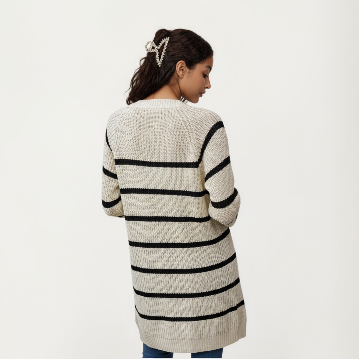 Long Sleeve Striped Knit Cardigan with Button Front and Ribbed Trim