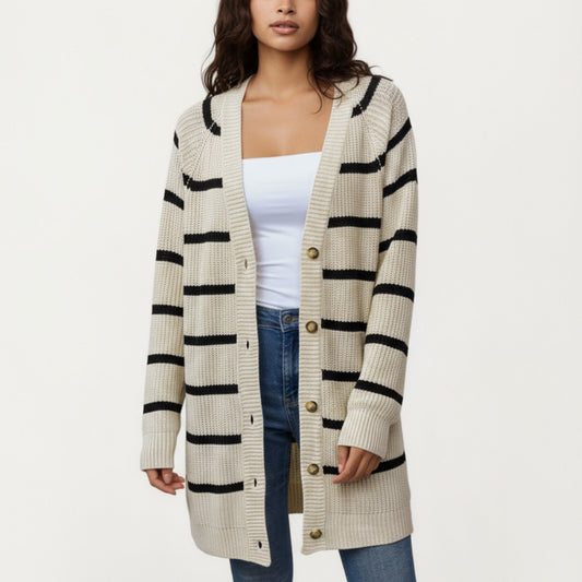 Long Sleeve Striped Knit Cardigan with Button Front and Ribbed Trim