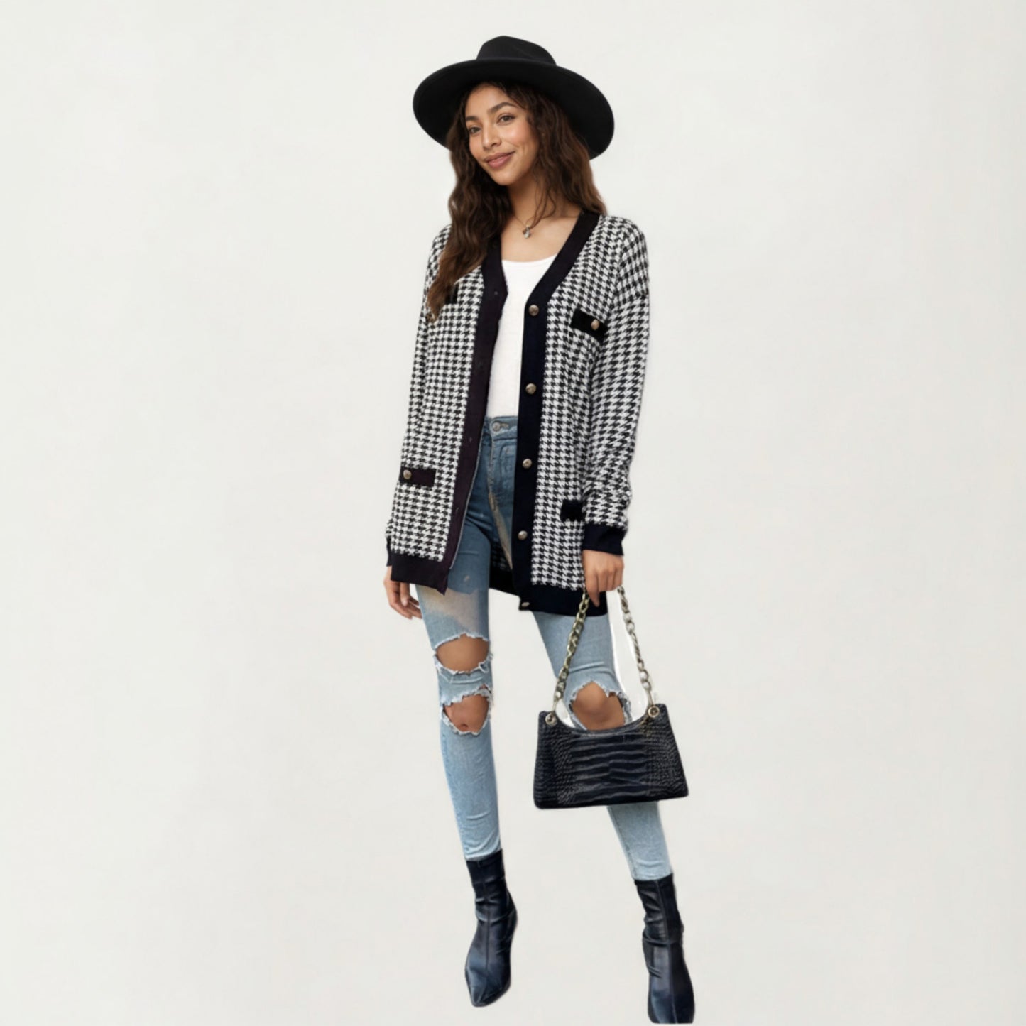 Long Sleeve Houndstooth Knit Cardigan with Button Front and Pocket Detail