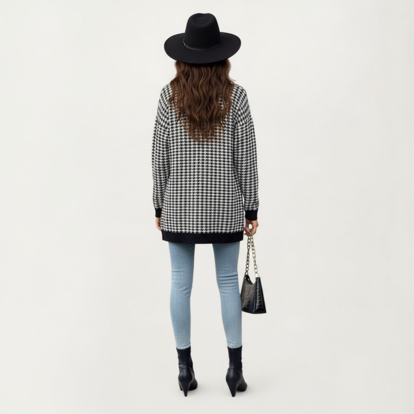 Long Sleeve Houndstooth Knit Cardigan with Button Front and Pocket Detail