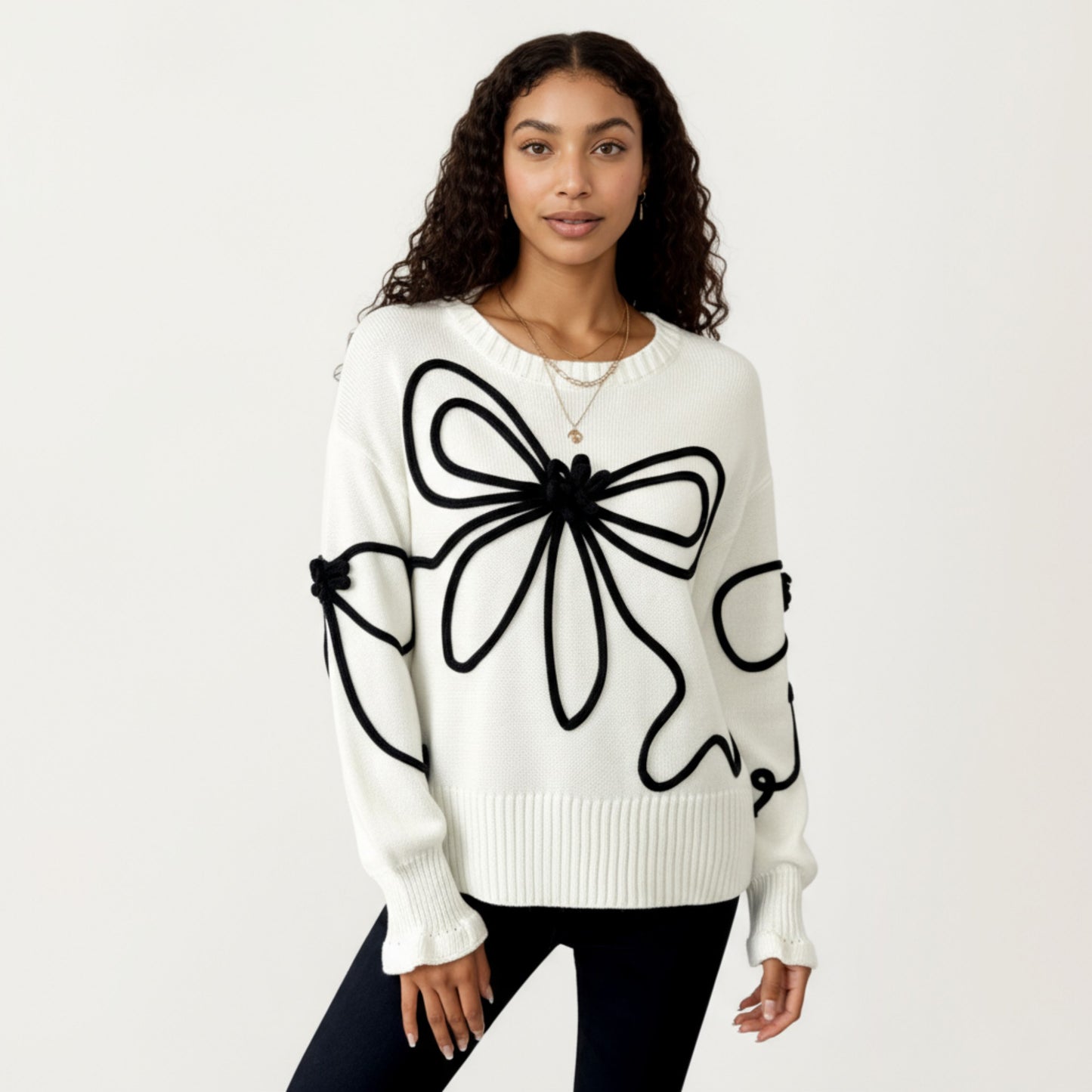 Long Sleeve Knit Sweater with Oversized Bow Embroidery and Ribbed Trim