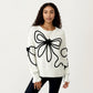 Long Sleeve Knit Sweater with Oversized Bow Embroidery and Ribbed Trim