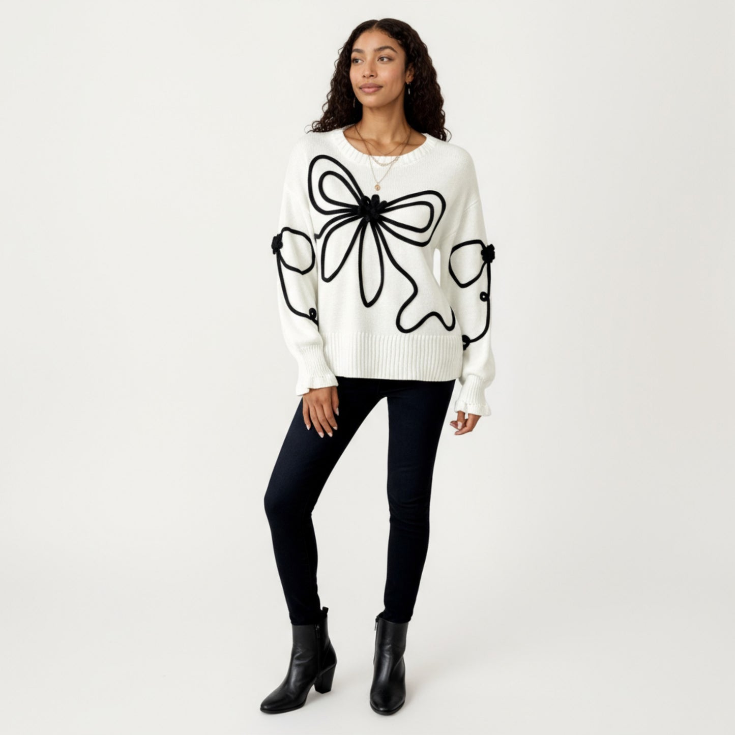 Long Sleeve Knit Sweater with Oversized Bow Embroidery and Ribbed Trim