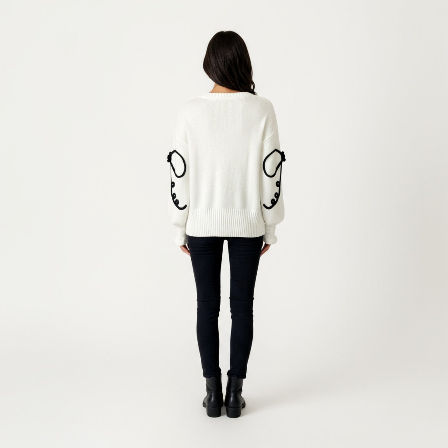 Long Sleeve Knit Sweater with Oversized Bow Embroidery and Ribbed Trim