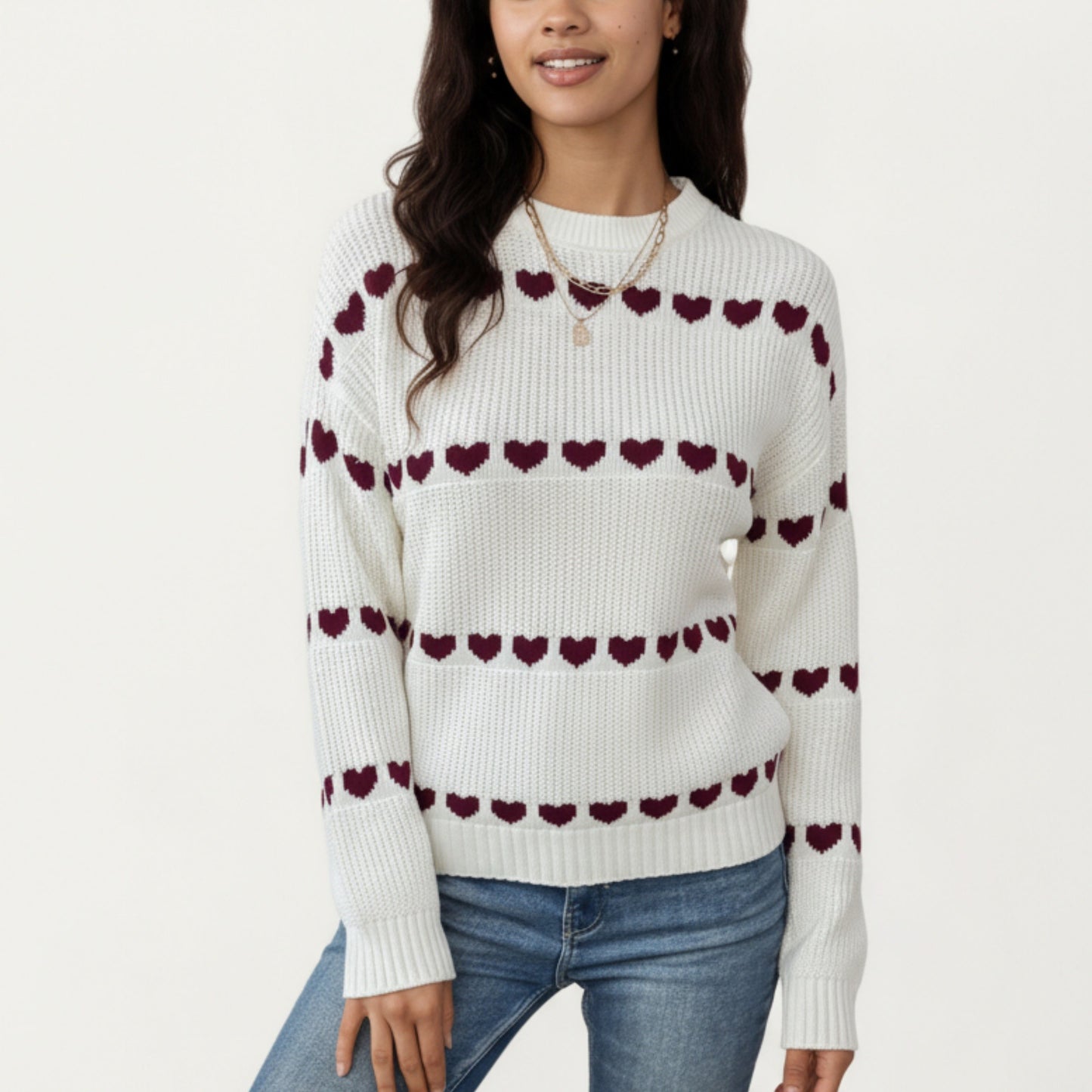 Long Sleeve Knit Sweater with Heart Pattern and Ribbed Trim