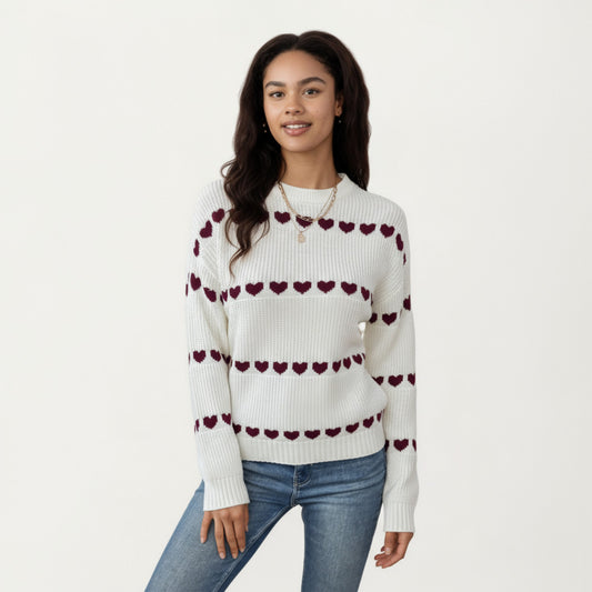 Long Sleeve Knit Sweater with Heart Pattern and Ribbed Trim