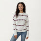 Long Sleeve Knit Sweater with Heart Pattern and Ribbed Trim
