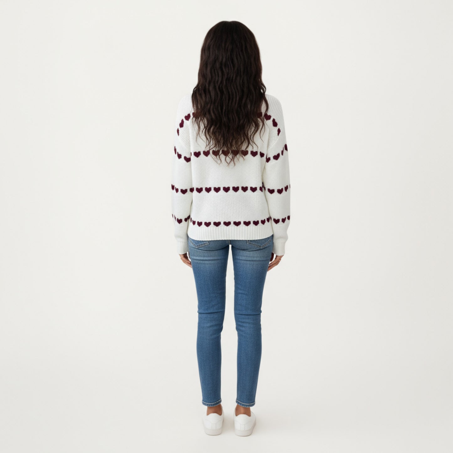 Long Sleeve Knit Sweater with Heart Pattern and Ribbed Trim