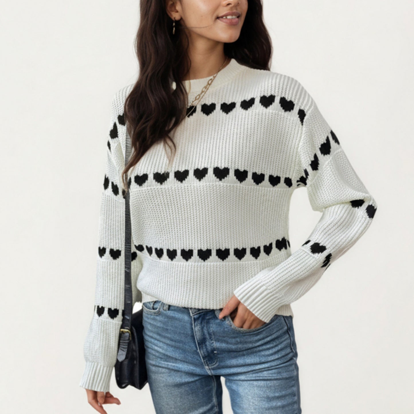 Long Sleeve Knit Sweater with Heart Pattern and Ribbed Trim