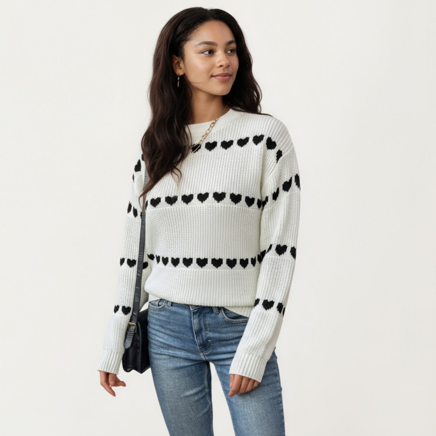 Long Sleeve Knit Sweater with Heart Pattern and Ribbed Trim