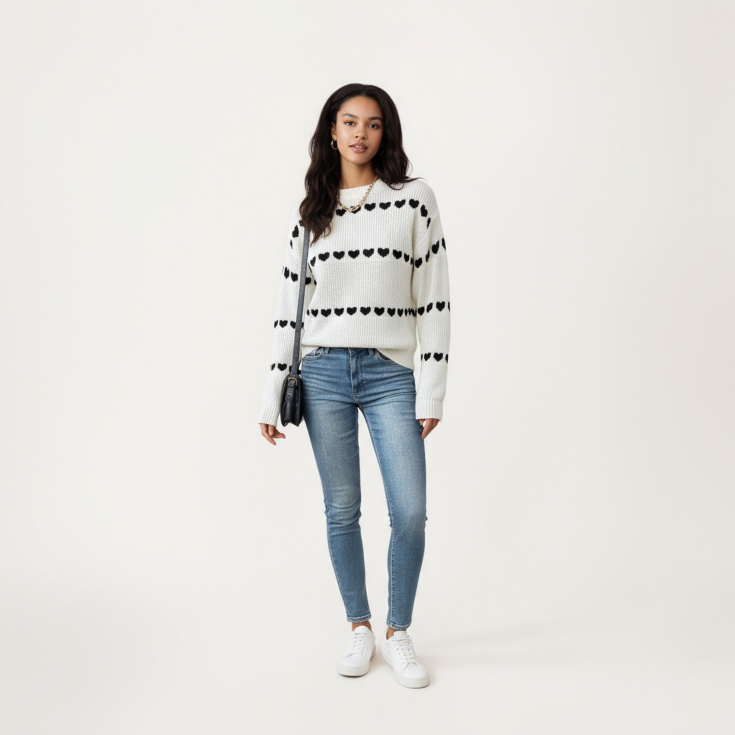 Long Sleeve Knit Sweater with Heart Pattern and Ribbed Trim
