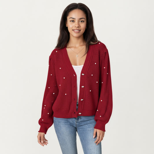 Long Sleeve Button-Up Knit Cardigan with Faux Pearl Embellishments and Ribbed Hem