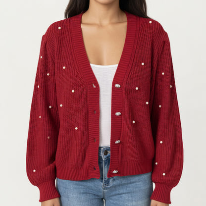 Long Sleeve Button-Up Knit Cardigan with Faux Pearl Embellishments and Ribbed Hem
