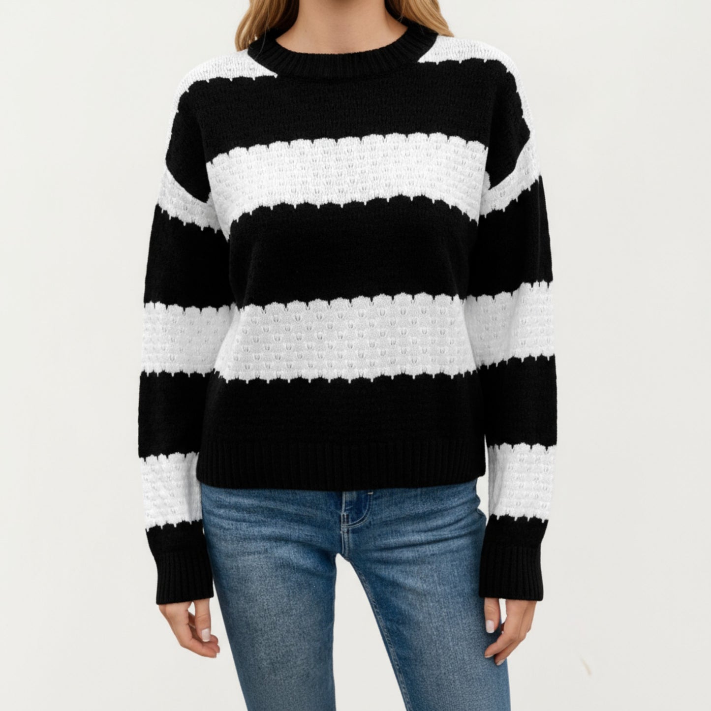 Long Sleeve Knit Sweater with Bold Horizontal Stripes and Ribbed Trim