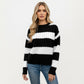 Long Sleeve Knit Sweater with Bold Horizontal Stripes and Ribbed Trim