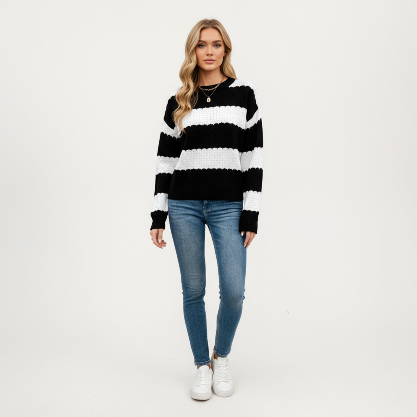 Long Sleeve Knit Sweater with Bold Horizontal Stripes and Ribbed Trim