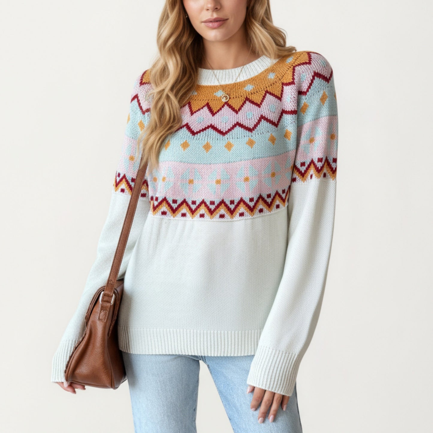 Long Sleeve Knit Sweater with Geometric Pattern and Ribbed Hem Detail