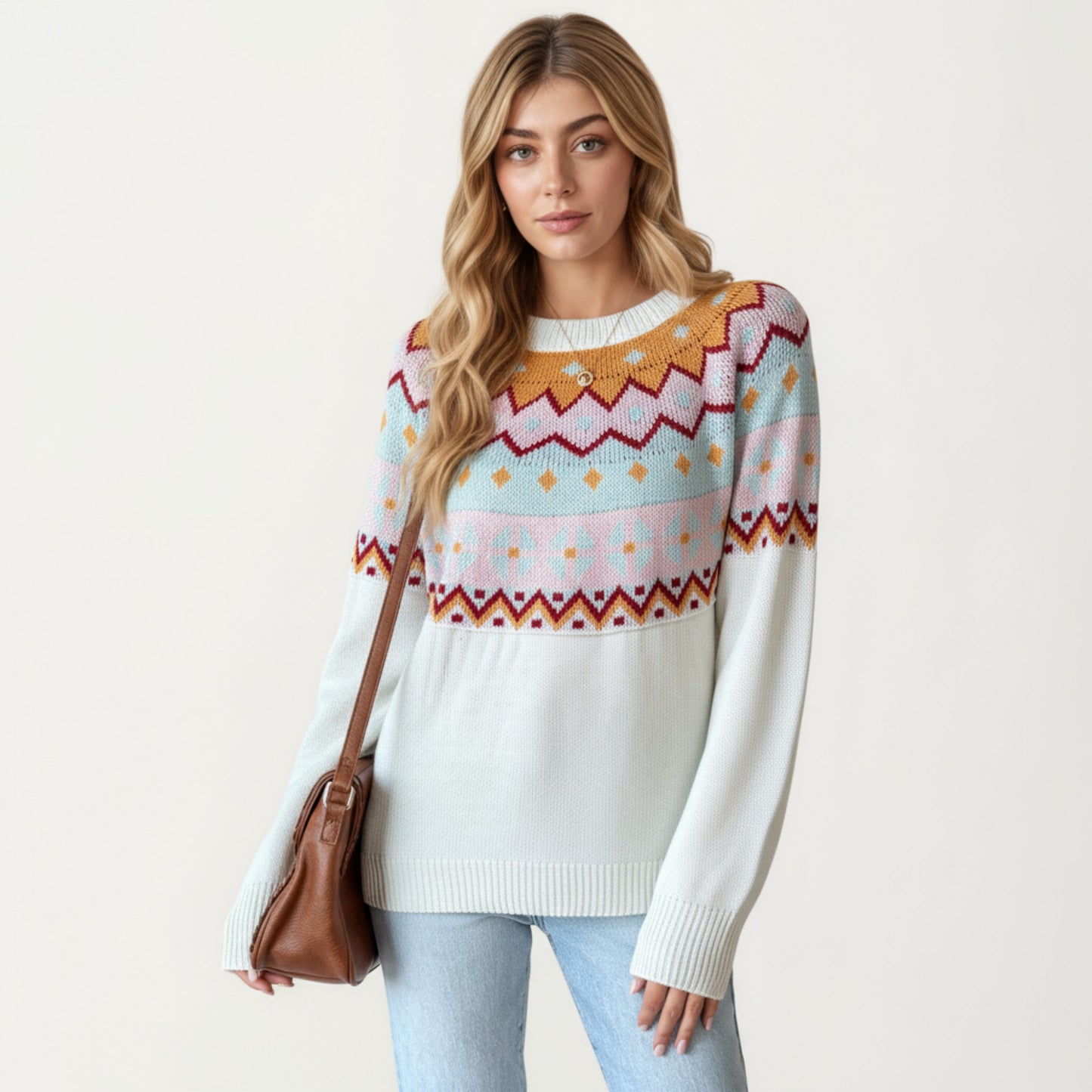 Long Sleeve Knit Sweater with Geometric Pattern and Ribbed Hem Detail