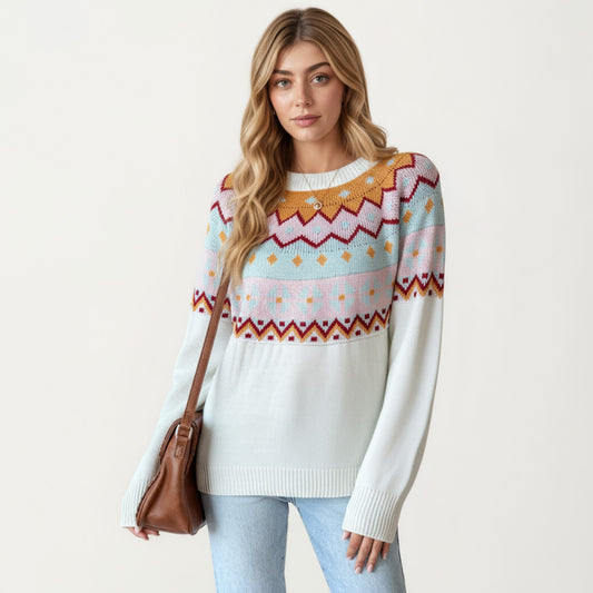Long Sleeve Knit Sweater with Geometric Pattern and Ribbed Hem Detail