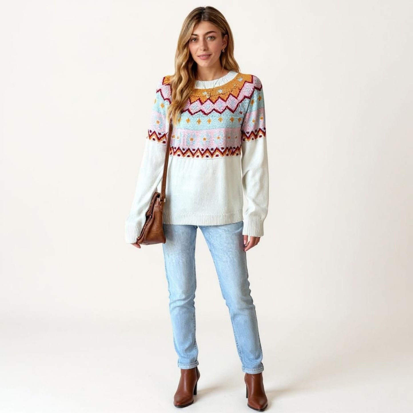 Long Sleeve Knit Sweater with Geometric Pattern and Ribbed Hem Detail