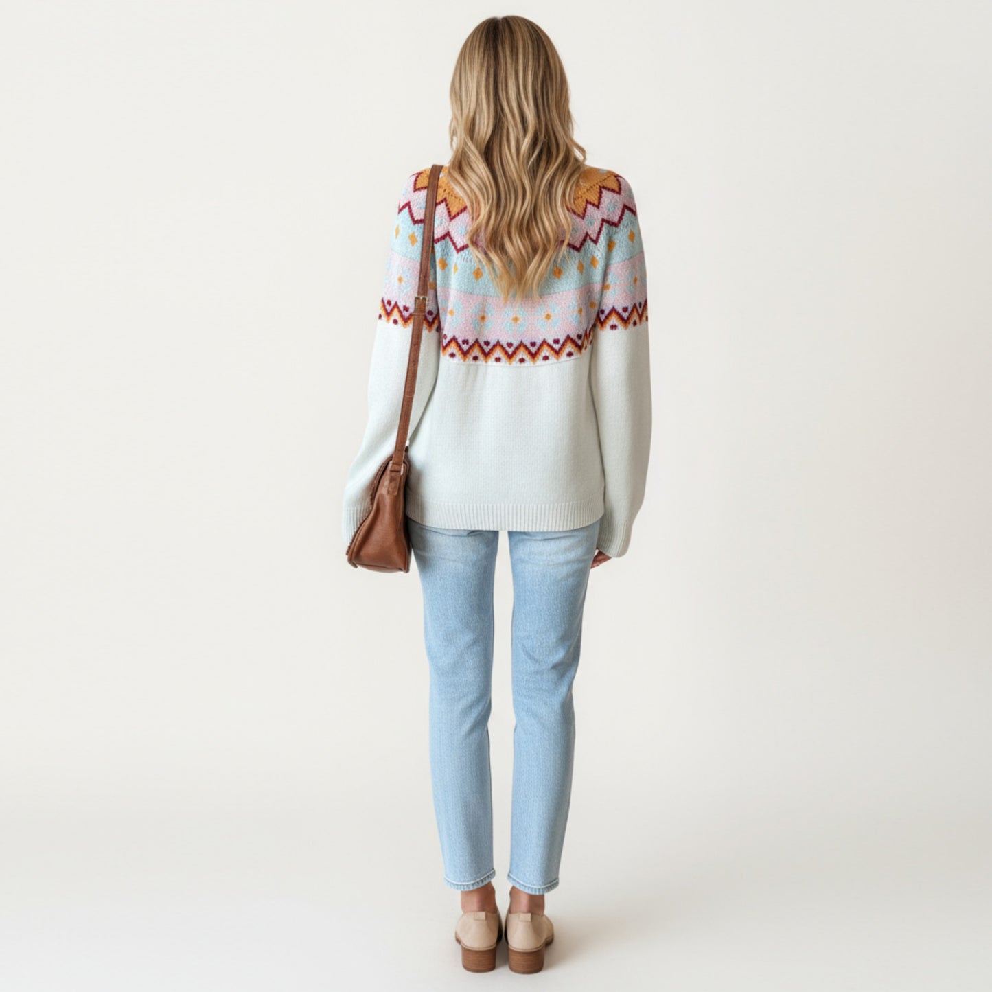 Long Sleeve Knit Sweater with Geometric Pattern and Ribbed Hem Detail