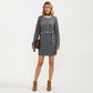 Long Sleeve Knit Sweater Dress with Waist Tie Belt and Ribbed Texture
