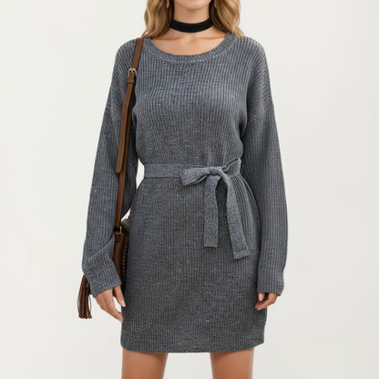 Long Sleeve Knit Sweater Dress with Waist Tie Belt and Ribbed Texture