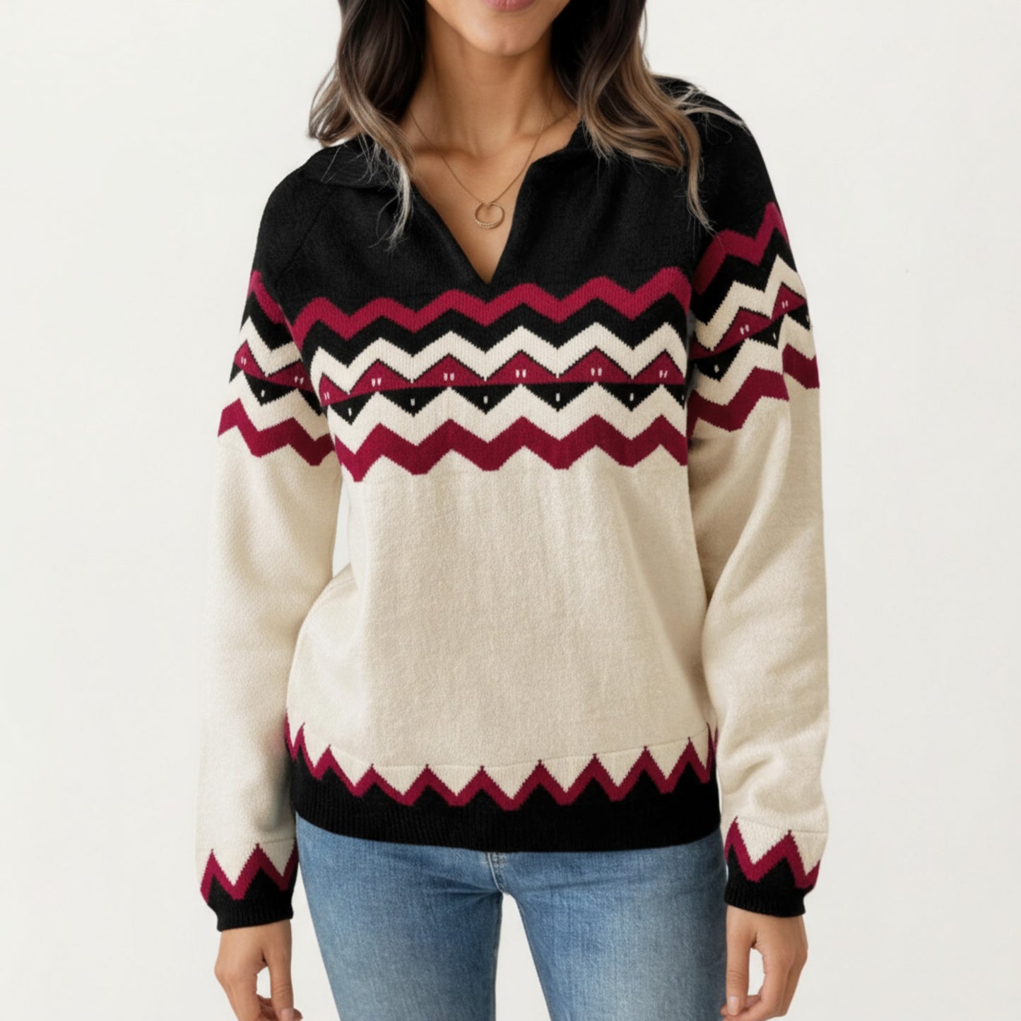 Long Sleeve Knit Sweater with Chevron Pattern and Split Collar Detail