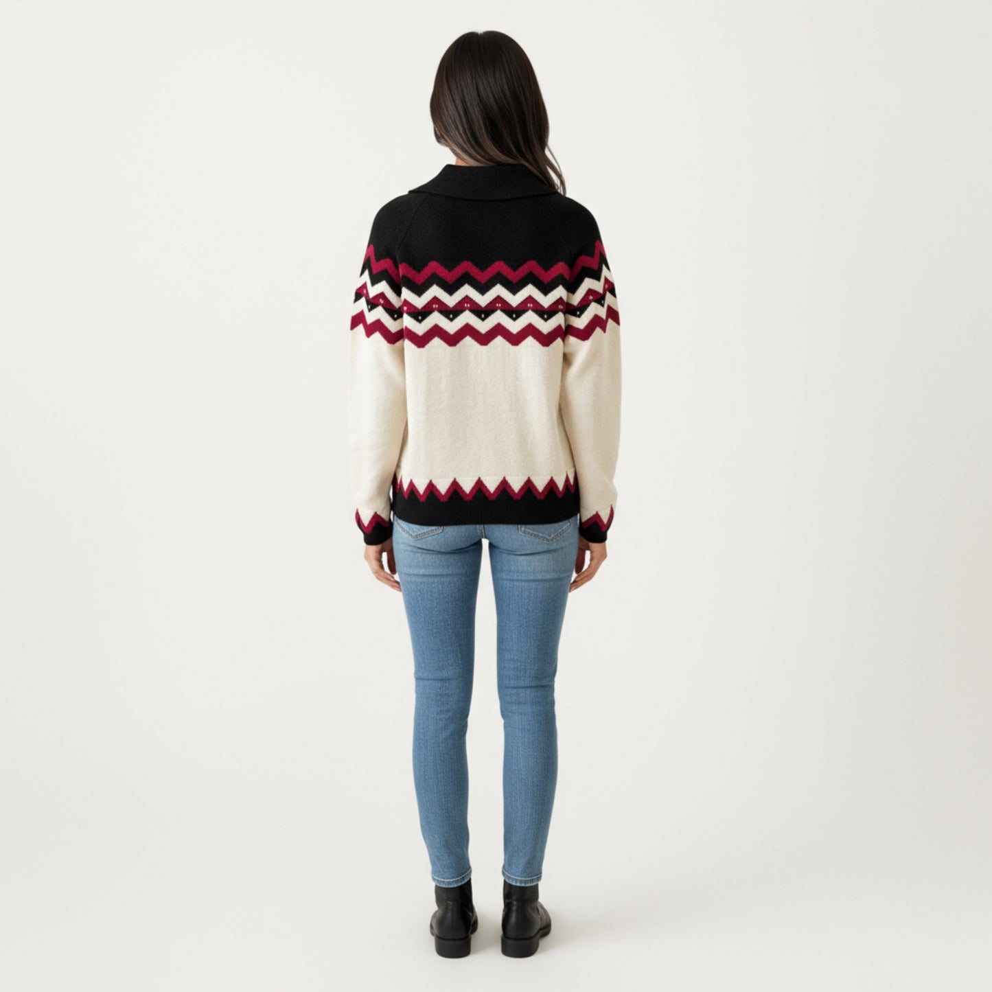 Long Sleeve Knit Sweater with Chevron Pattern and Split Collar Detail