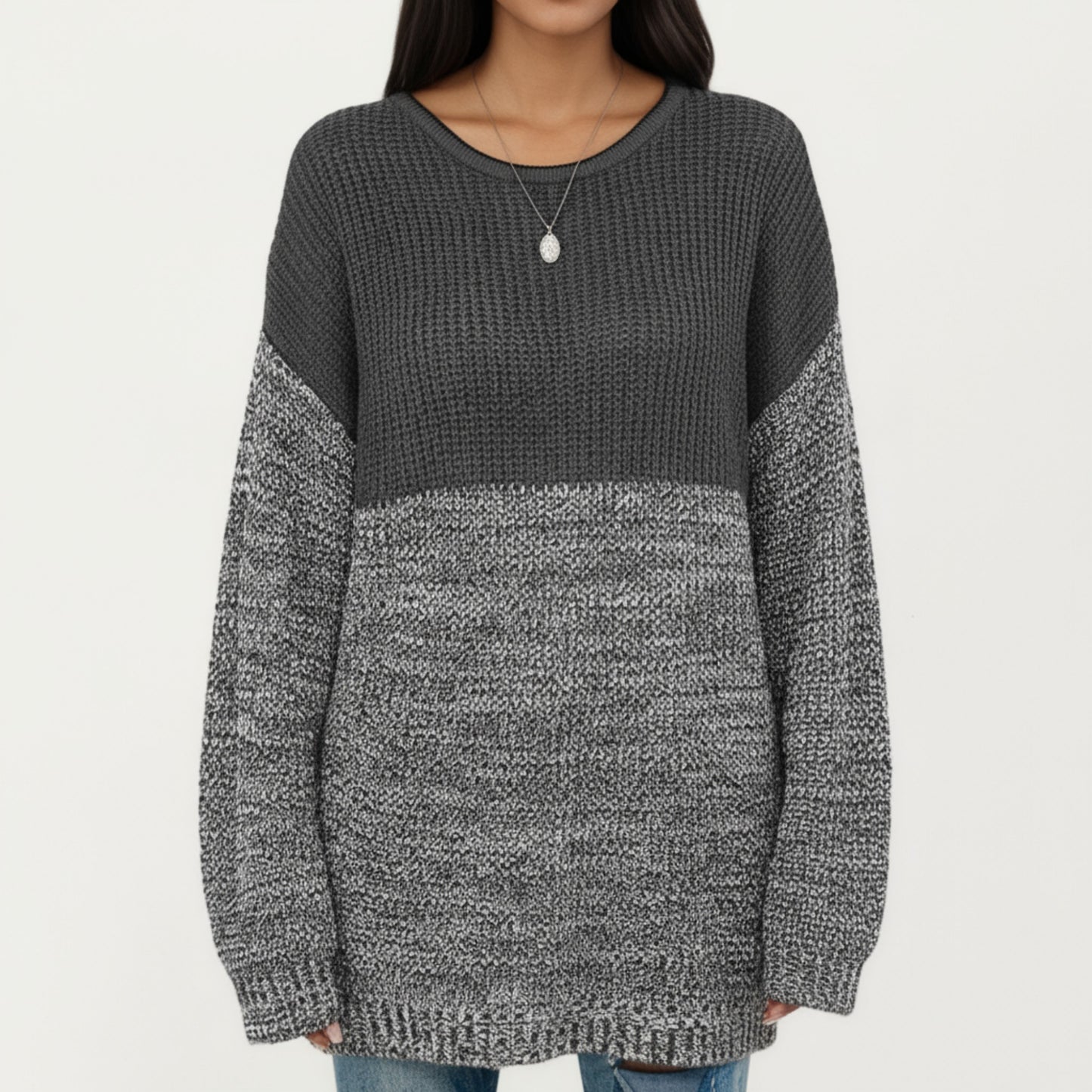 Long Sleeve Color Block Knit Sweater with Textured Waffle and Marled Stitch Design