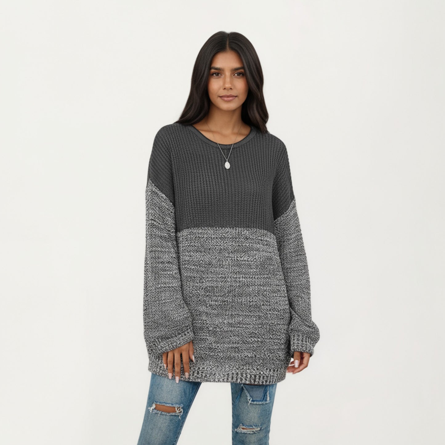 Long Sleeve Color Block Knit Sweater with Textured Waffle and Marled Stitch Design