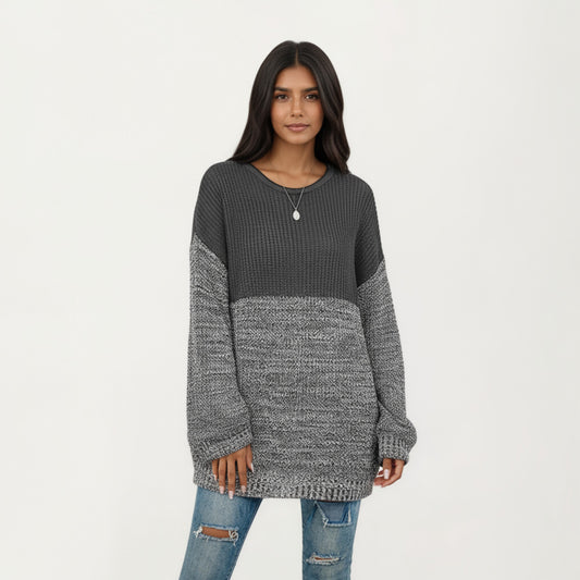 Long Sleeve Color Block Knit Sweater with Textured Waffle and Marled Stitch Design