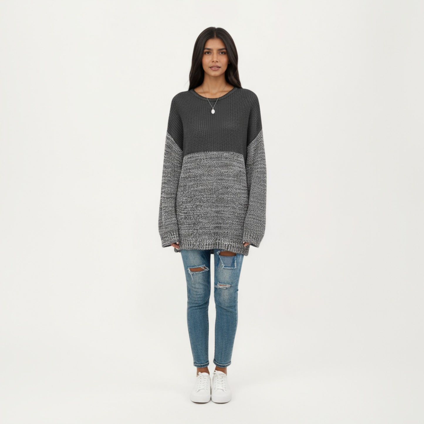 Long Sleeve Color Block Knit Sweater with Textured Waffle and Marled Stitch Design