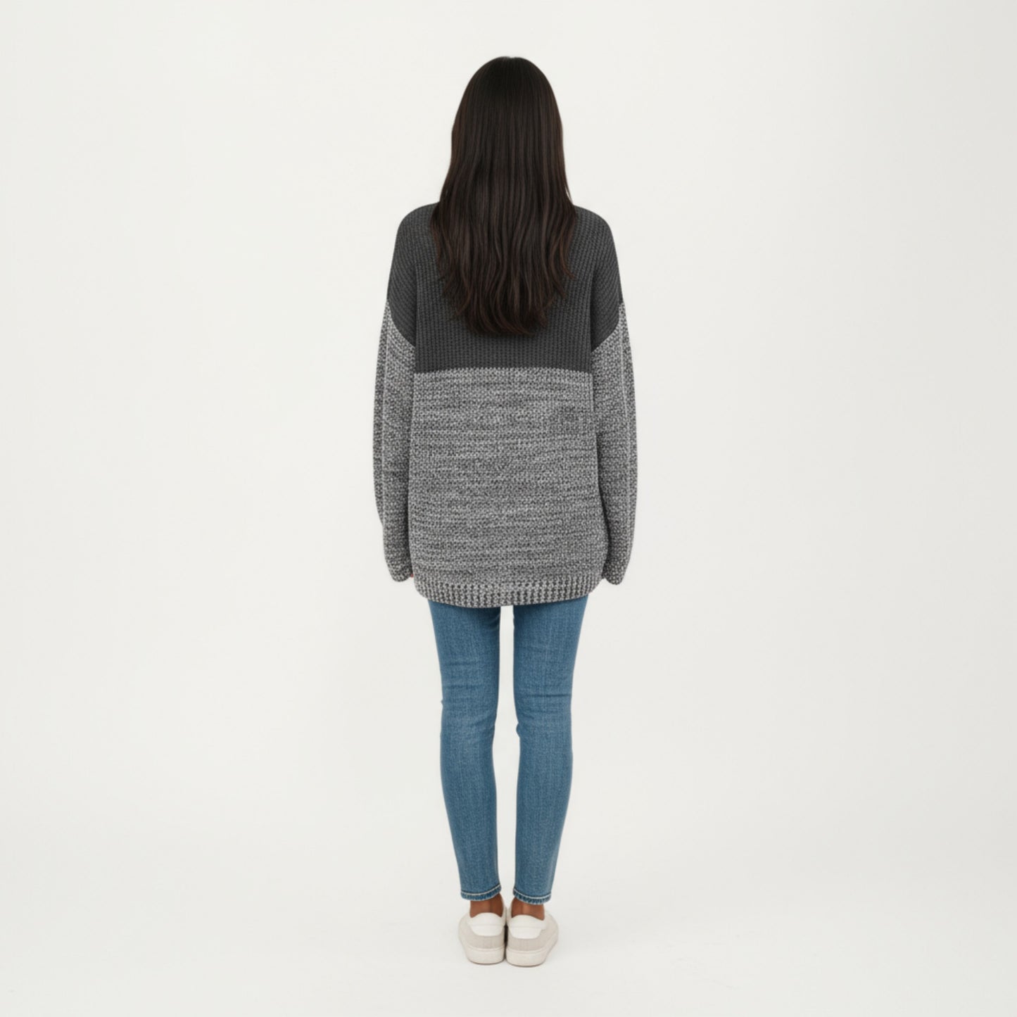 Long Sleeve Color Block Knit Sweater with Textured Waffle and Marled Stitch Design