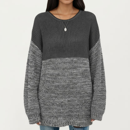 Long Sleeve Color Block Knit Sweater with Textured Waffle and Marled Stitch Design