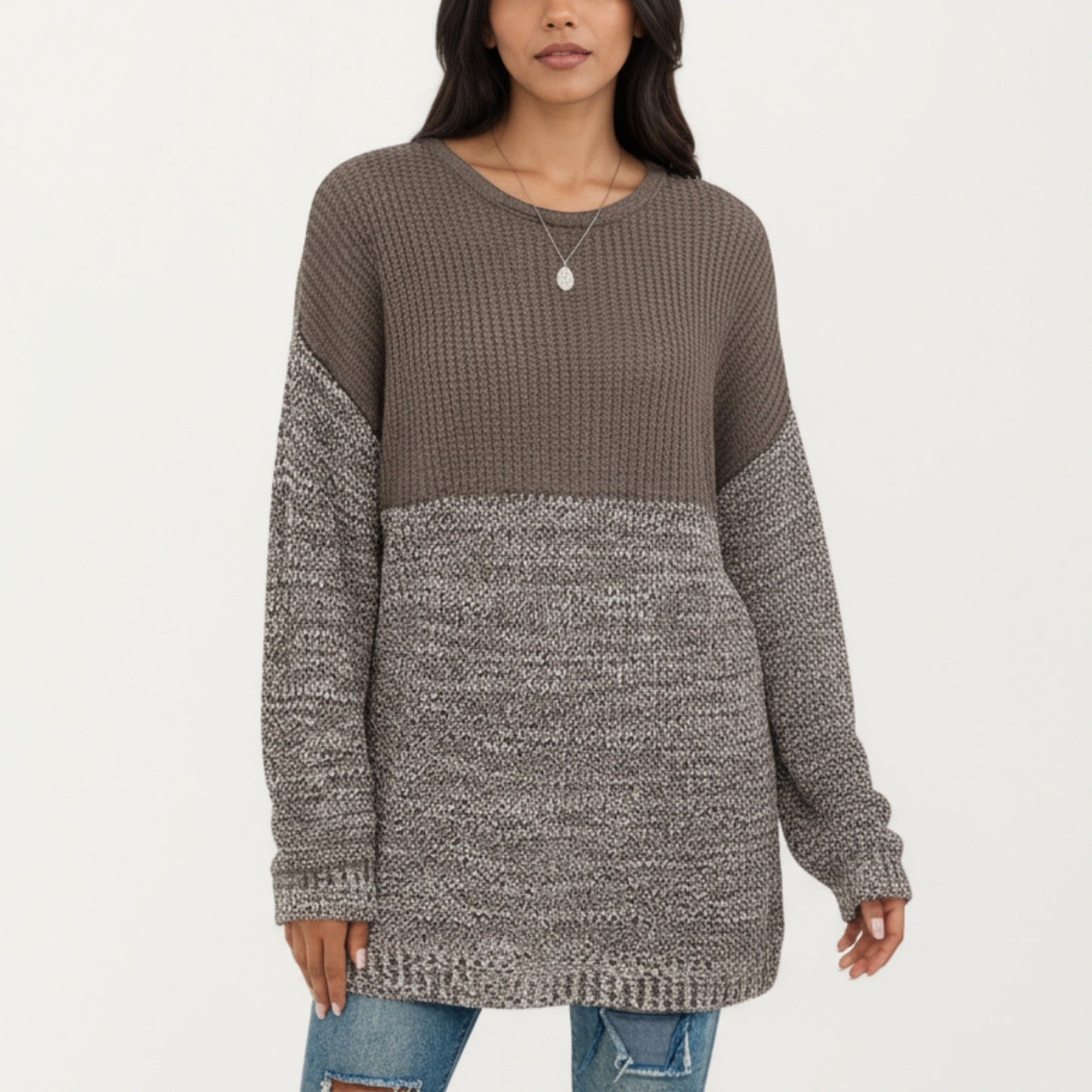 Long Sleeve Color Block Knit Sweater with Textured Waffle and Marled Stitch Design