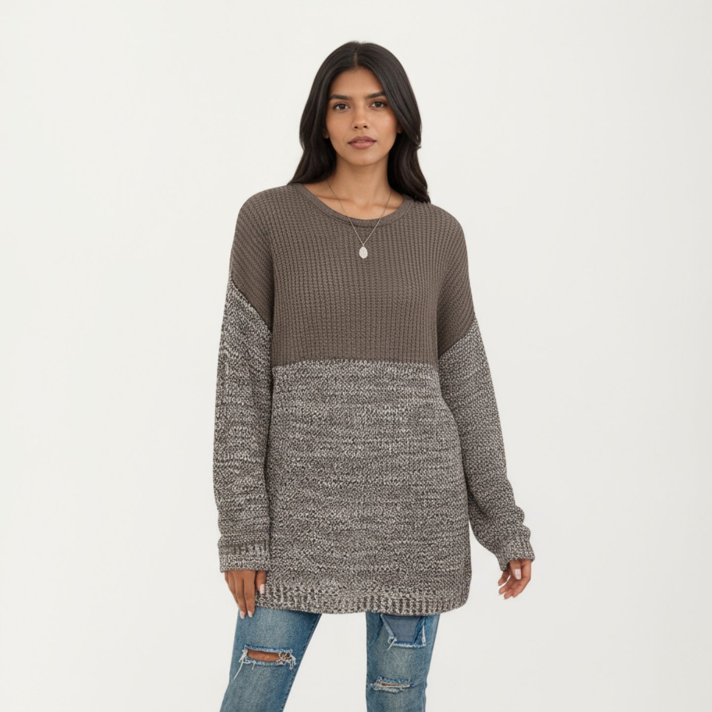 Long Sleeve Color Block Knit Sweater with Textured Waffle and Marled Stitch Design