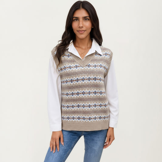 Sleeveless V-Neck Knit Sweater Vest with Geometric Pattern Design