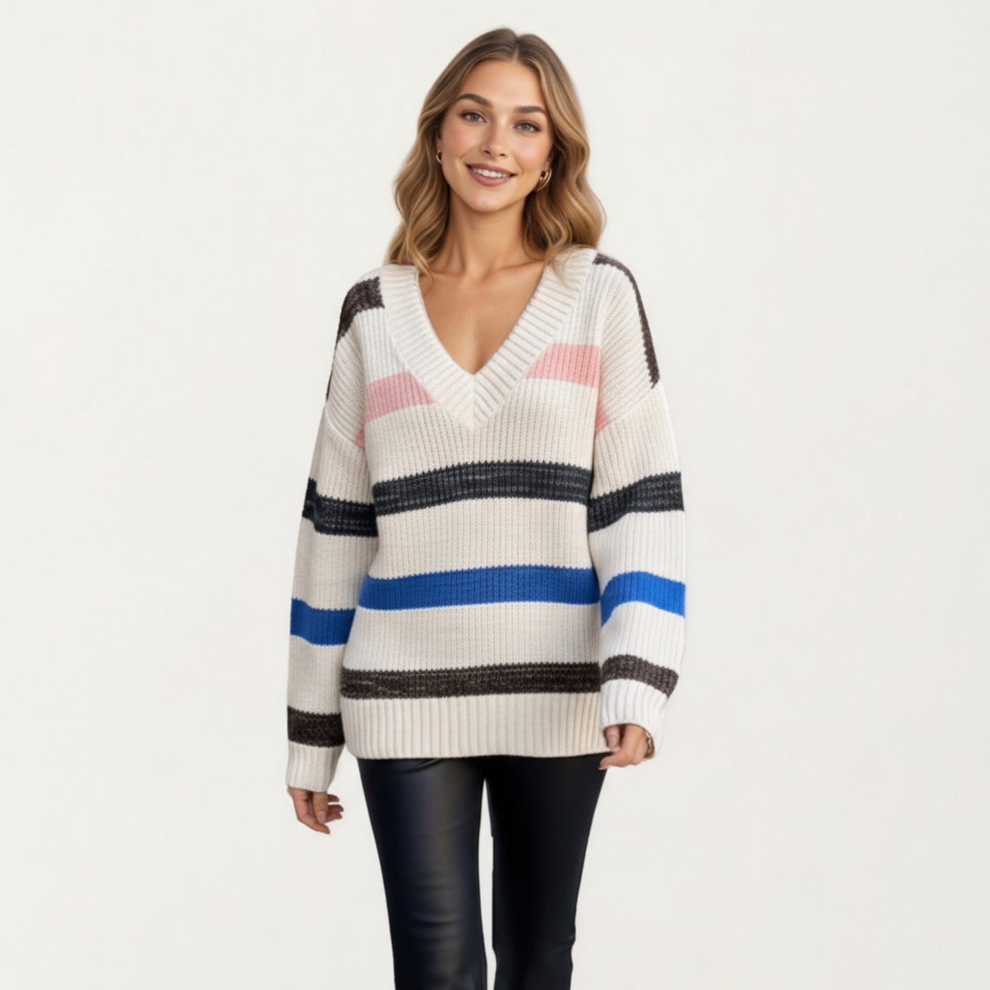 Long Sleeve V-Neck Ribbed Knit Sweater with Multicolor Stripes