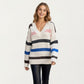 Long Sleeve V-Neck Ribbed Knit Sweater with Multicolor Stripes