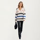 Long Sleeve V-Neck Ribbed Knit Sweater with Multicolor Stripes