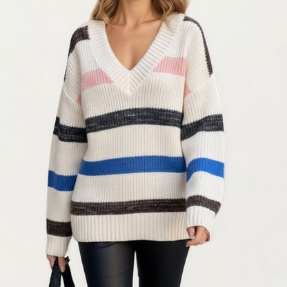 Long Sleeve V-Neck Ribbed Knit Sweater with Multicolor Stripes
