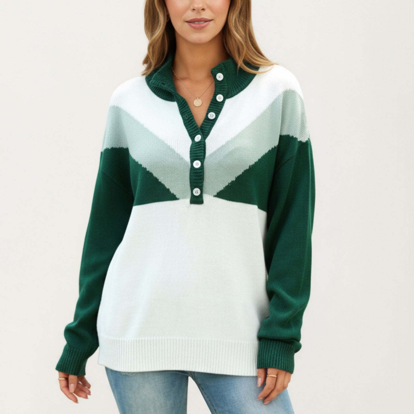 Color Block Long Sleeve Knit Sweater with Button Collar and Ribbed Hem