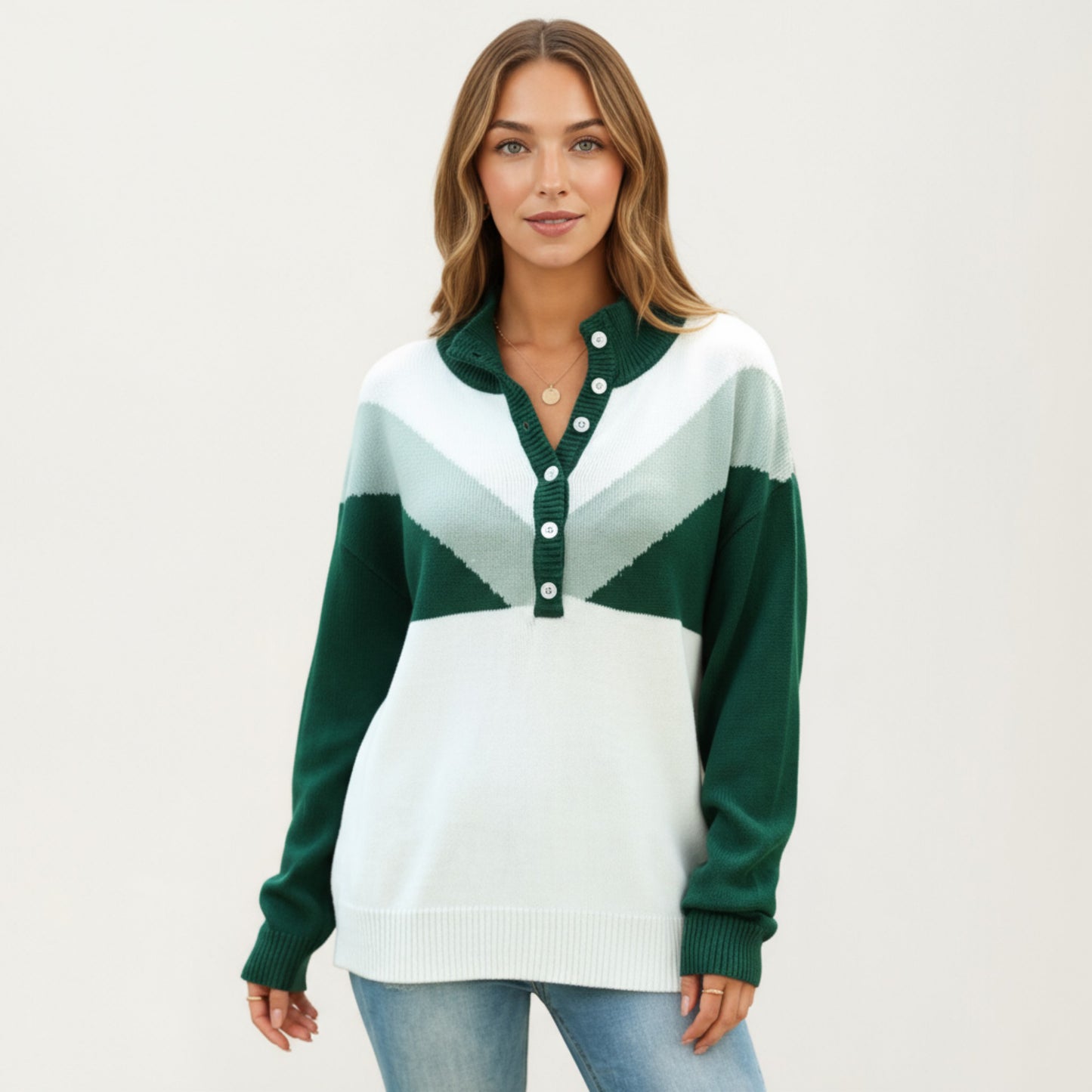 Color Block Long Sleeve Knit Sweater with Button Collar and Ribbed Hem