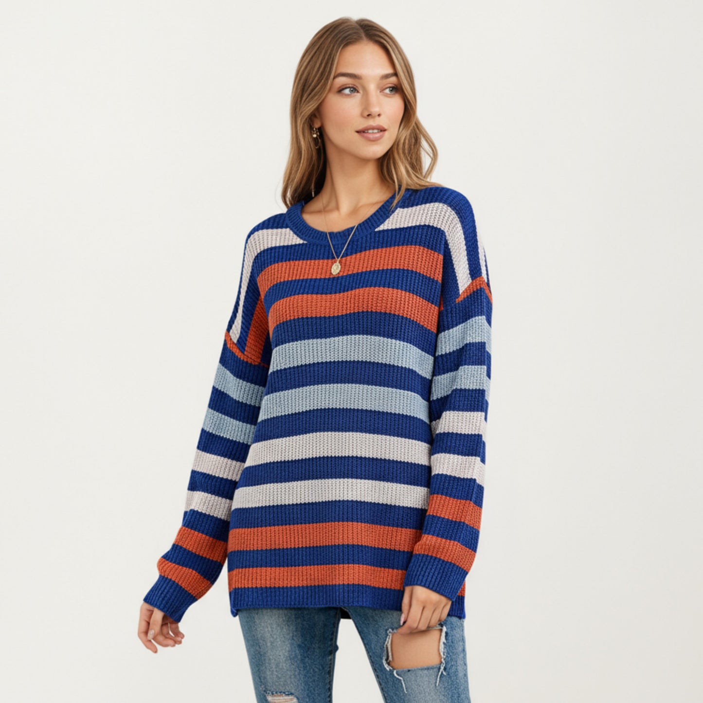 Long Sleeve Crew Neck Striped Knit Sweater with Relaxed Fit