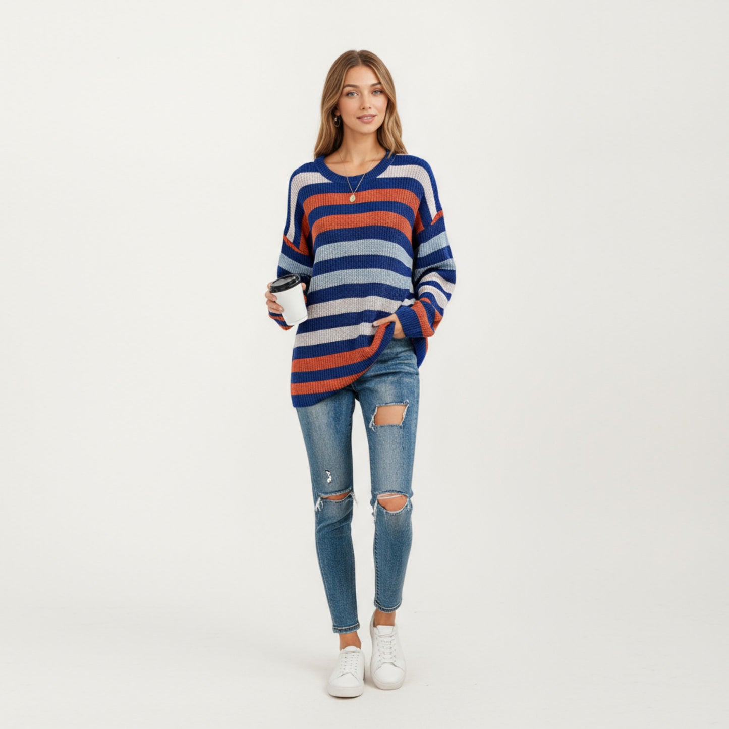 Long Sleeve Crew Neck Striped Knit Sweater with Relaxed Fit